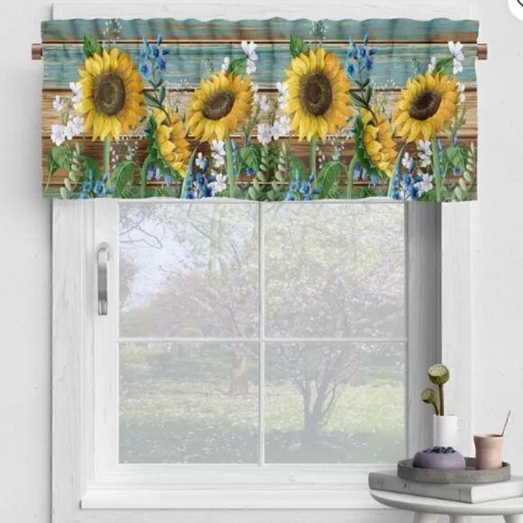 NEW! Country Farmhouse Sunflower Wood Grain Look Window Valance Floral Boho - Picture 1 of 3